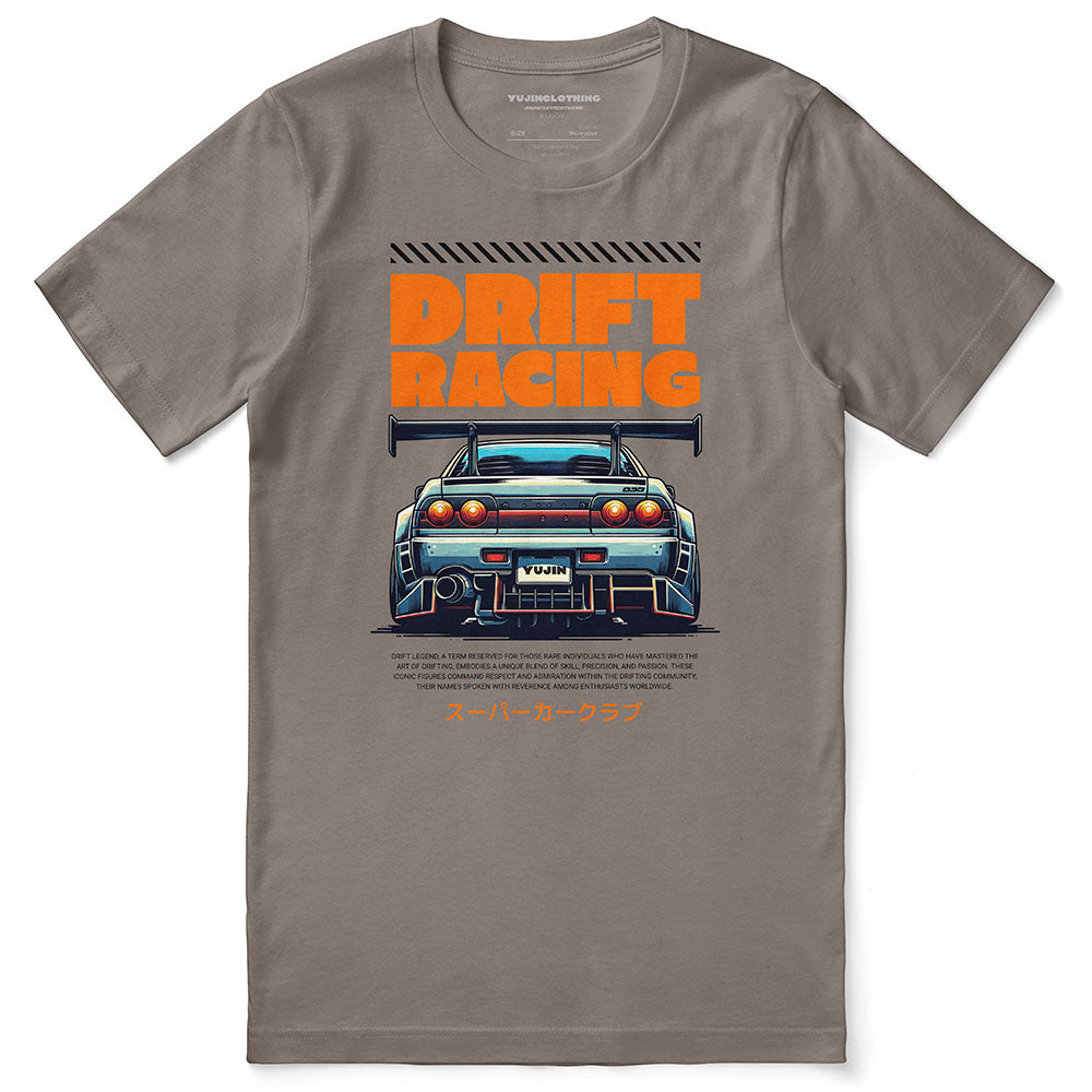 Yūjin Clothing Drift Racing Car T-Shirt featuring a graphic print of a racing car on a casual black T-shirt.
