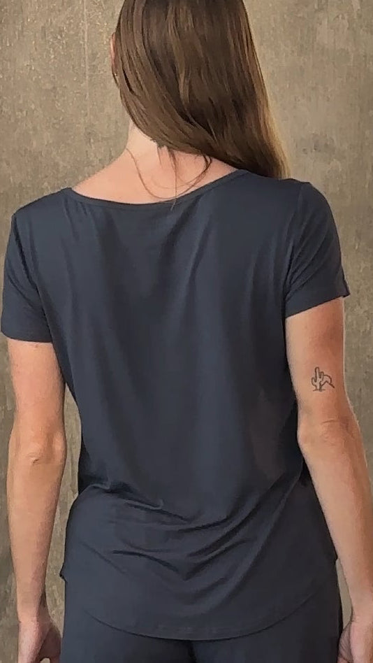 Women’s bamboo lounge set featuring a comfortable lounge T-shirt and matching shorts from Spun Bamboo, ideal for relaxed wear.