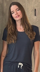 Women’s Spun Bamboo bamboo lounge short sleeve T-shirt, soft and comfortable, shown in a relaxed fit with a round neckline.