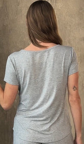 Women’s bamboo lounge set with soft lounge t-shirt and shorts from Spun Bamboo, comfortable and breathable for relaxed wear.