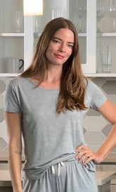Women’s bamboo lounge set with a soft T-shirt and matching shorts by Spun Bamboo, displayed on a neutral background.