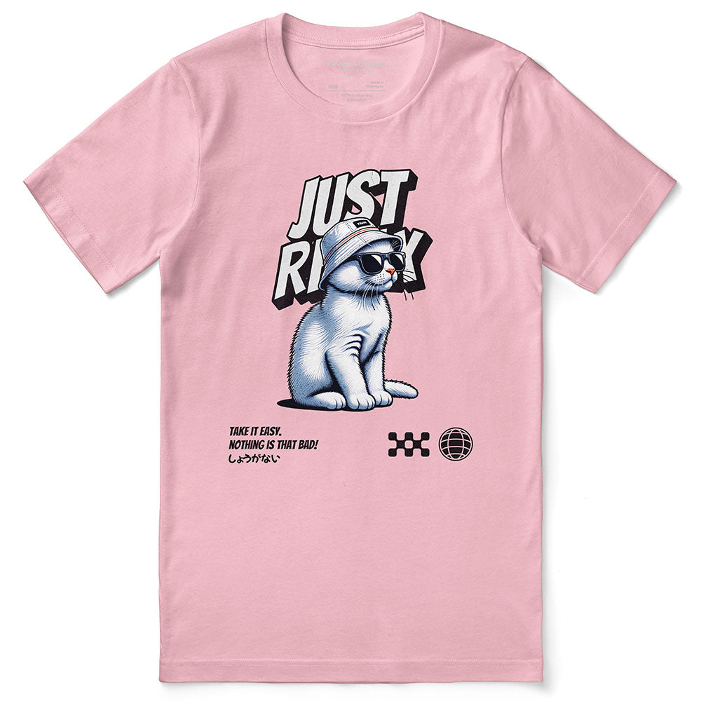 Yūjin Clothing Just Relax Cat T-Shirt with a laid-back cat graphic, made from soft, comfortable fabric for everyday wear.