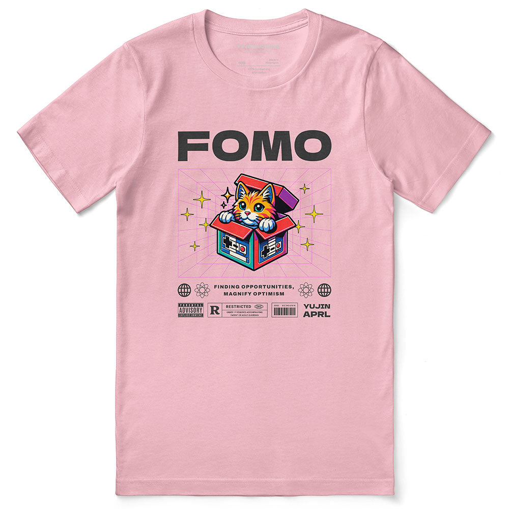 Yūjin Clothing FOMO cat T-Shirt featuring a playful cat graphic on a casual cotton tee for everyday wear.