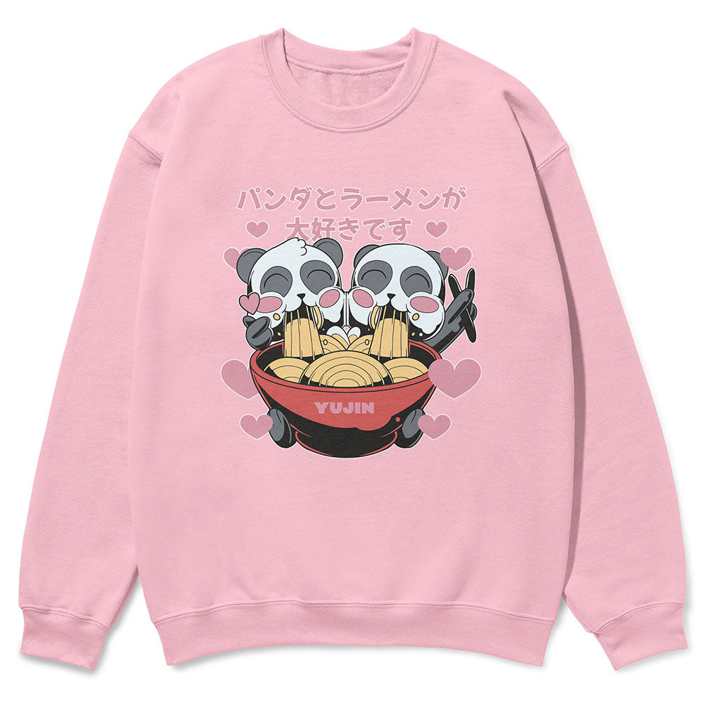 Yūjin Clothing cute ramen pandas sweatshirt with playful panda and ramen bowl graphics on soft, comfortable fabric.