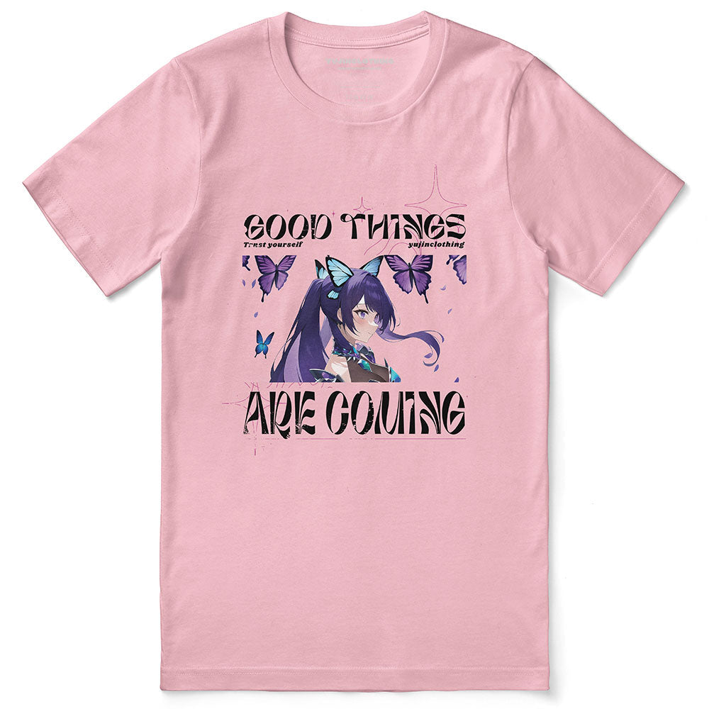 Yūjin Clothing Good Things Are Coming T-Shirt with a relaxed fit and inspiring message, made from soft, comfortable cotton fabric.