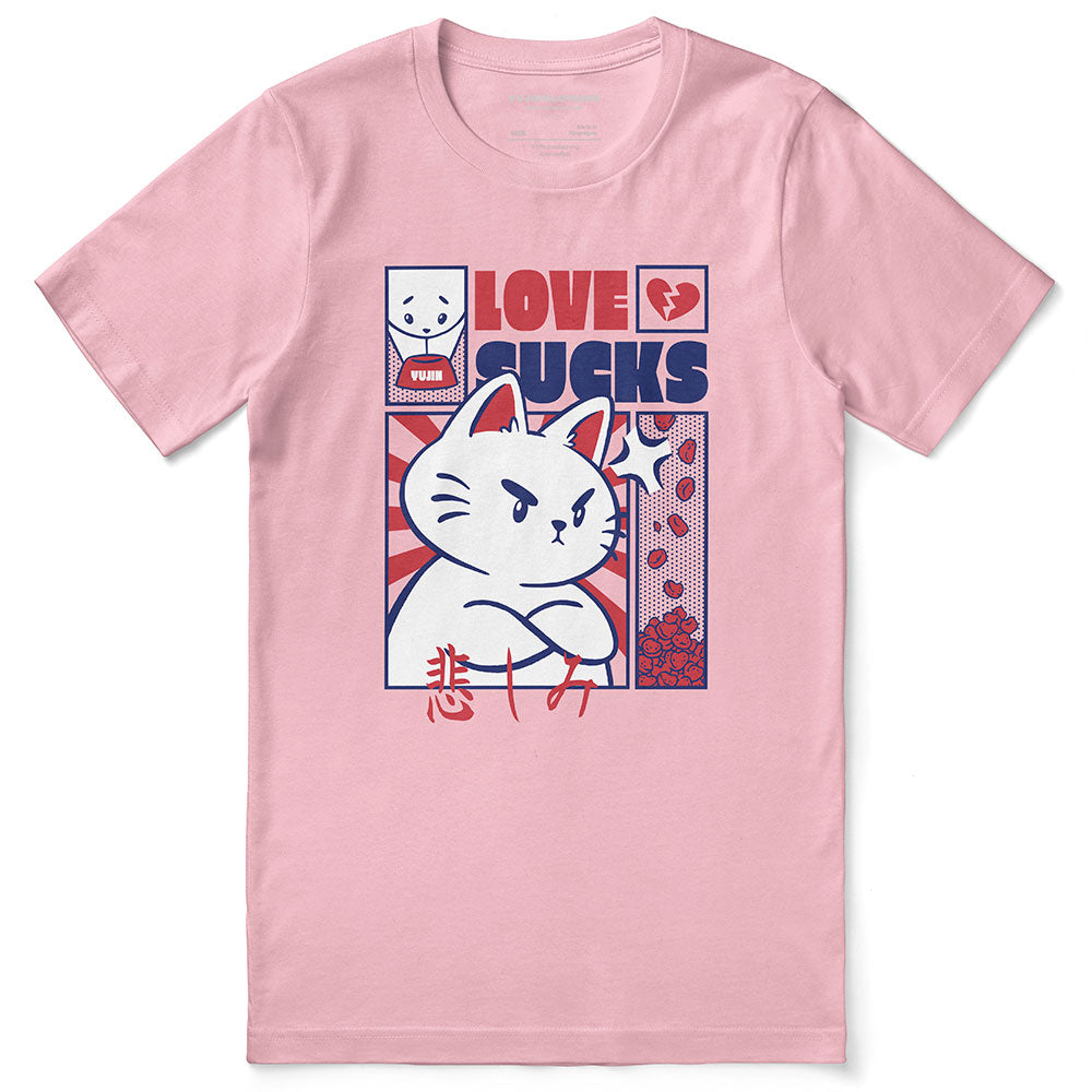 Yūjin Clothing Love Sucks Cat T-Shirt featuring a graphic of a cat with the phrase "Love Sucks" on a casual cotton tee.