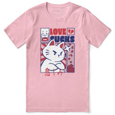 Yūjin Clothing Love Sucks Cat T-Shirt featuring a graphic of a cat with the phrase "Love Sucks" on a casual cotton tee.