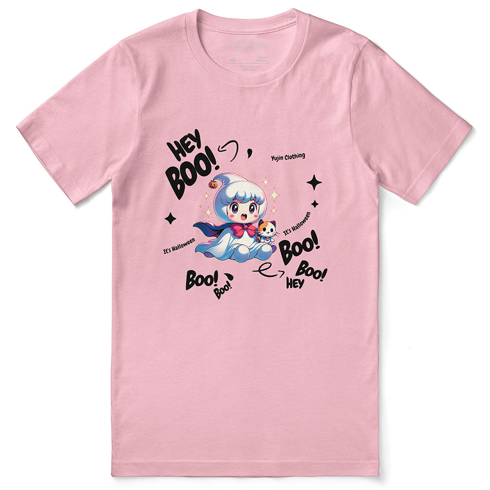 White Cute Ghost T-Shirt by Yūjin Clothing featuring a playful ghost graphic on the front, casual and comfortable for everyday wear.