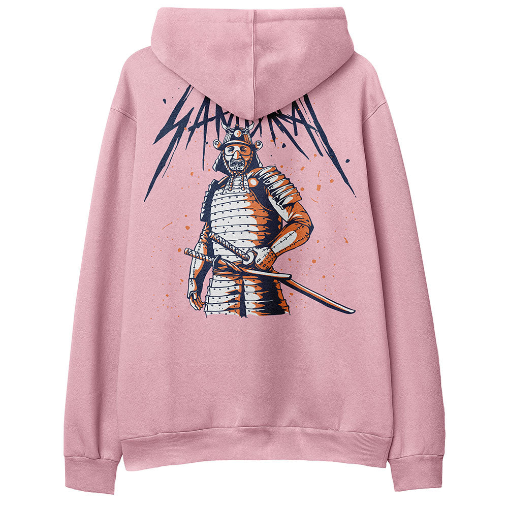 Yūjin Clothing Samurai Hoodie featuring a traditional samurai design in black and white, with a front pocket and hoodie.
