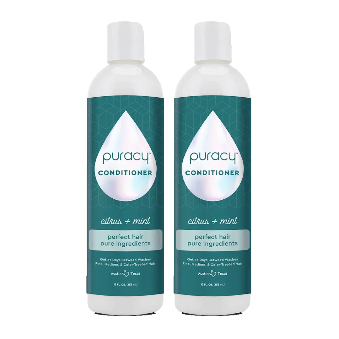 Puracy silicone-free conditioner with dimethicone and sulfates, shown in a sleek bottle with a pump dispenser.