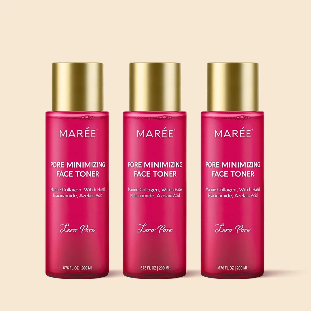 Maree Hydrating Pore Refining Toner bottle with clear liquid and white cap, designed to minimize pores and hydrate skin.