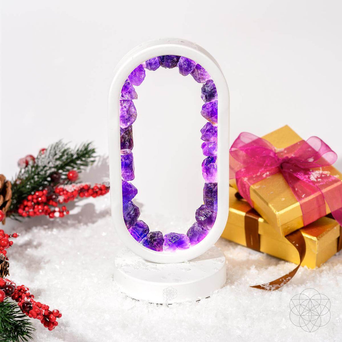 Amethyst stress relief night light with a glowing portal design, promoting relaxation and calm from Conscious Items.