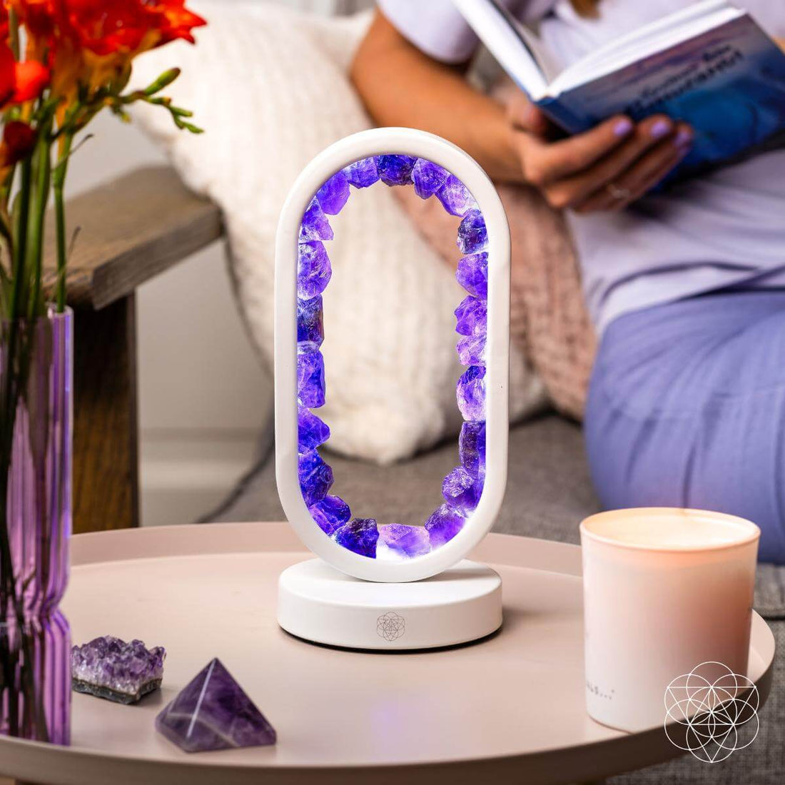 Amethyst night light from Conscious Items called Portal to Peace, designed for stress relief with a calming purple glow.