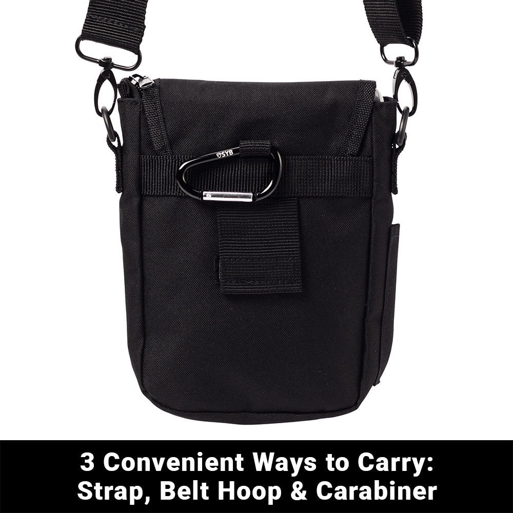 Shield Your Body SYB Phone Pouch Deluxe in black, showing the back view with secure zipper closure and sleek design.