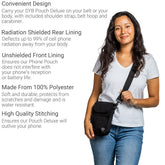 Shield Your Body SYB Phone Pouch Deluxe, a mobile phone accessory with a sleek, protective pouch for smartphones, shown in infographic style.