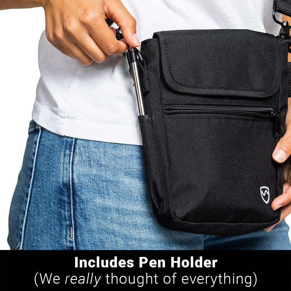 Shield Your Body SYB Phone Pouch Deluxe with pen holder, black mobile phone accessory designed for secure phone storage.