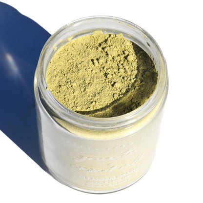 Green tea and coconut milk facial cleansing grains by Pretty Farm Girl, showing the green tea top in the jar.