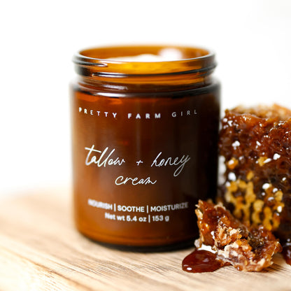 Fragrance-free tallow and honey cream for sensitive skin by Pretty Farm Girl, showing a 5.4oz jar of nourishing skincare cream.