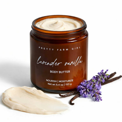 Lavender vanilla bean tallow body butter cream by Pretty Farm Girl, smooth moisturizer for full body hydration.