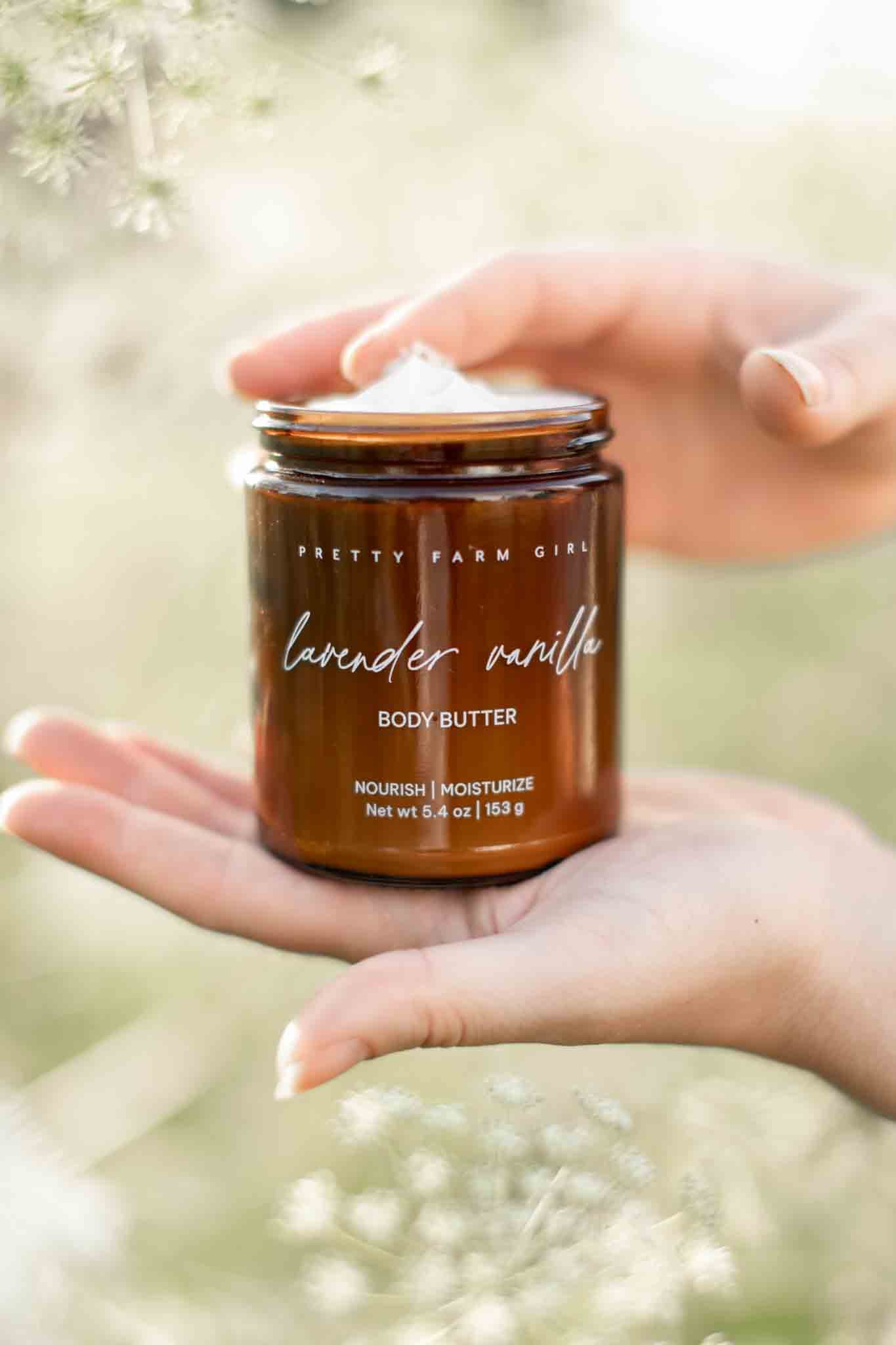 Lavender vanilla bean tallow body butter cream by Pretty Farm Girl, showing a smooth, creamy texture in a jar with lavender and vanilla scent.