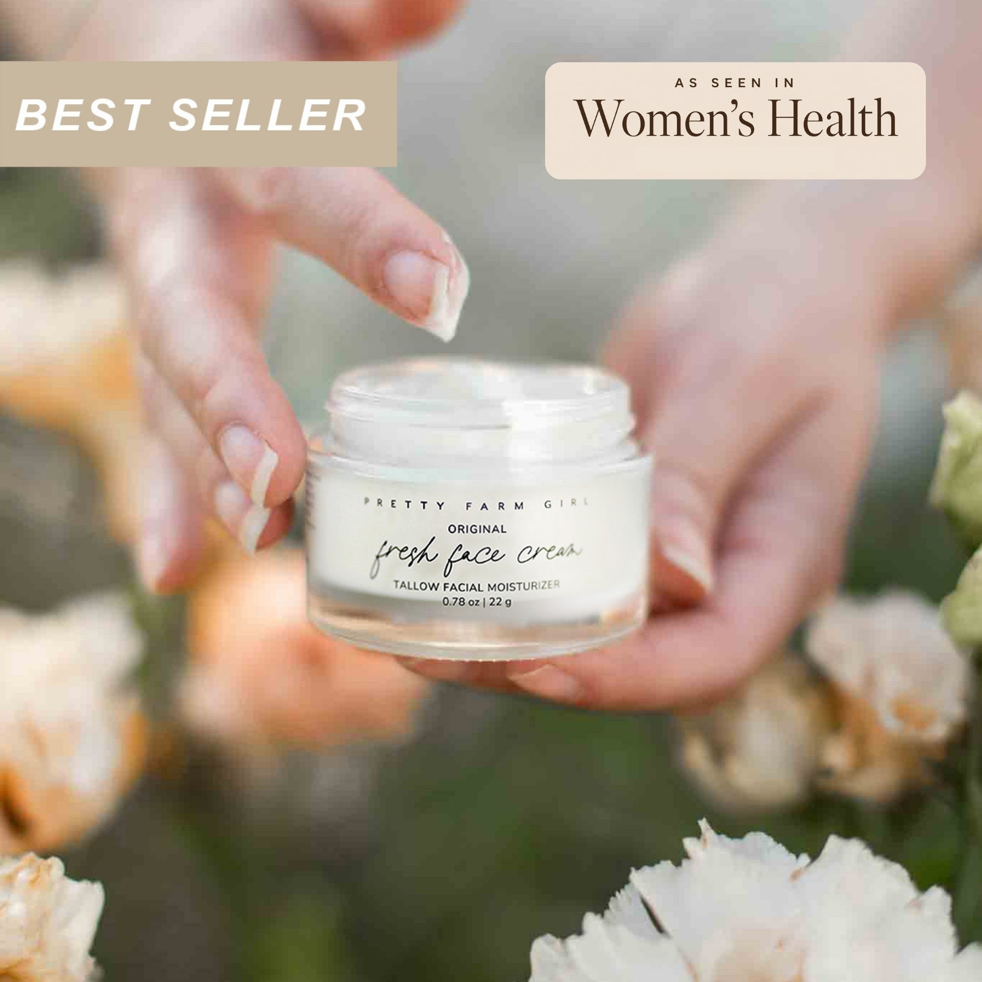 Pretty Farm Girl Fresh Face Cream anti-aging tallow moisturizer in a jar, smooth creamy texture, natural skincare product.