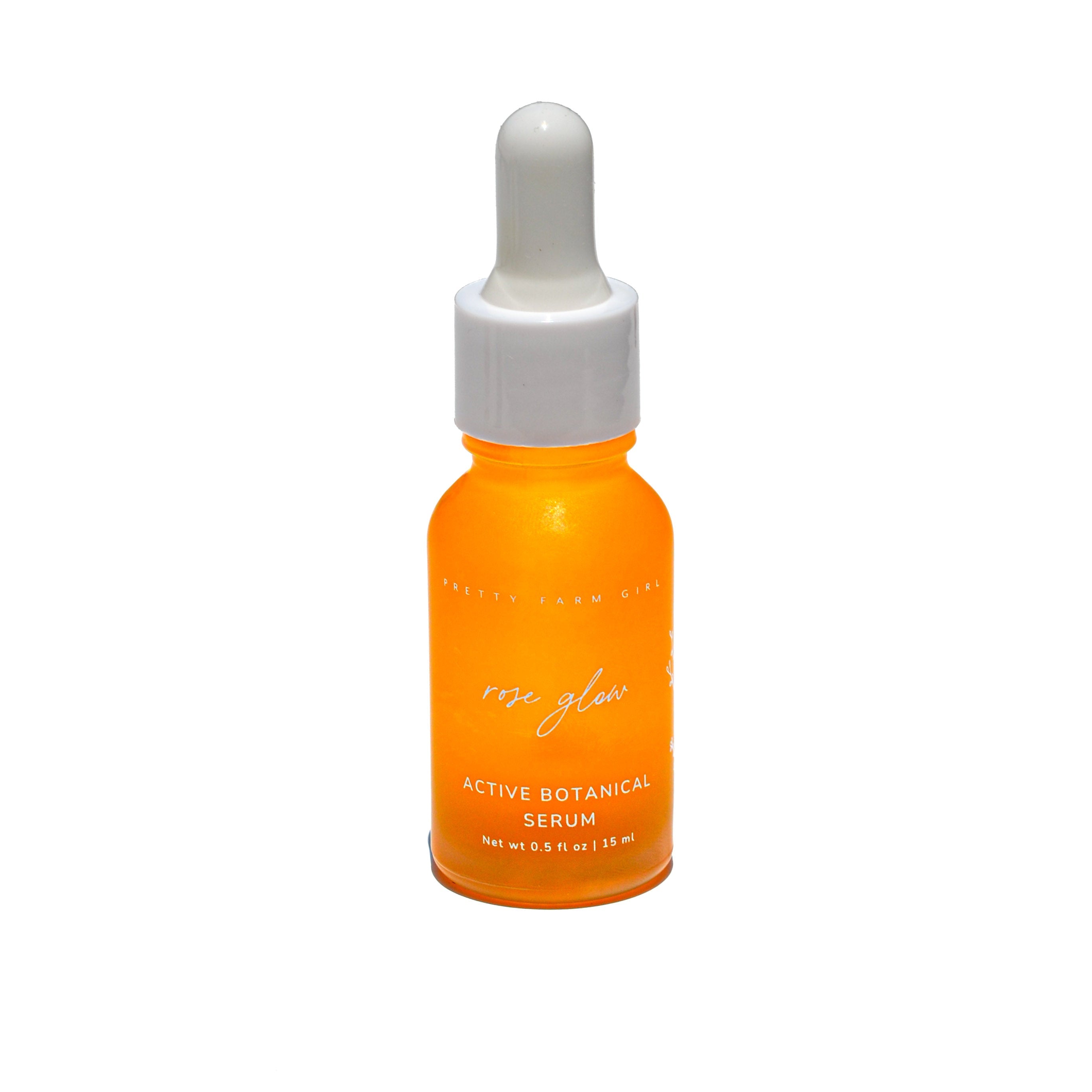 Pretty Farm Girl Rose Glow Anti-Aging Face Serum bottle shown with rose-infused formula in elegant packaging.