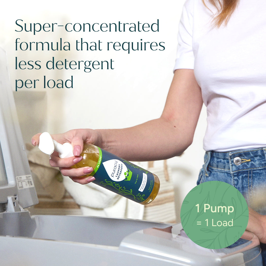 Puracy concentrated sulfate-free laundry detergent bottle with label, designed for effective, eco-friendly laundry cleaning.