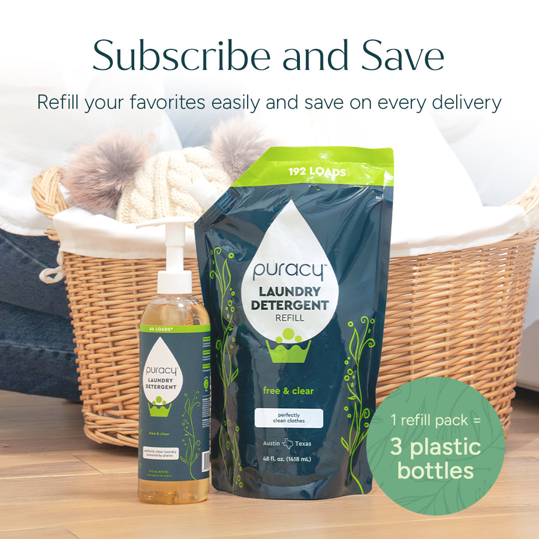 Puracy concentrated sulfate-free laundry detergent bottle, showcasing eco-friendly cleaning solution for fresh, clean laundry.