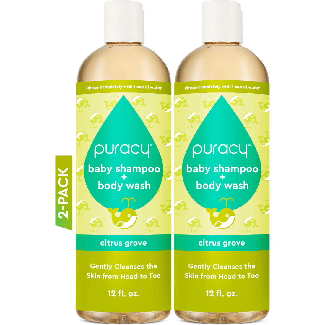 Puracy Baby Shampoo and Body Wash in a clear bottle with a pump, featuring gentle tear-free formula for infants.