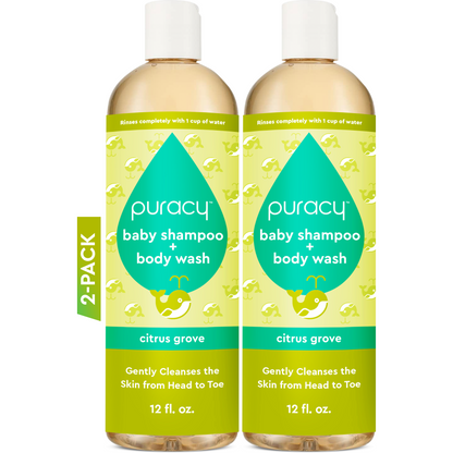 Puracy Baby Shampoo and Body Wash in a clear bottle with a pump, featuring gentle tear-free formula for infants.