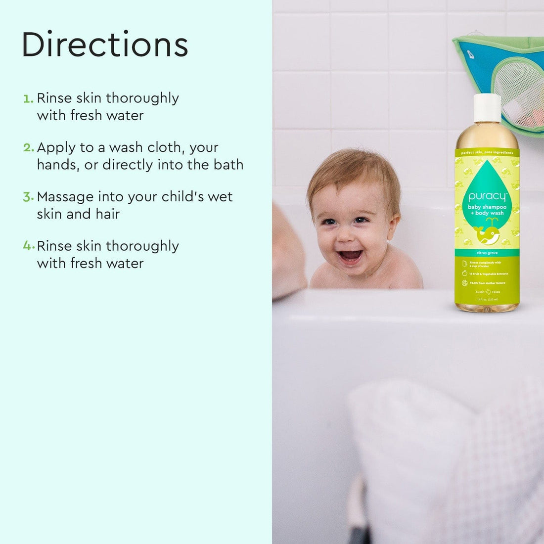Puracy Baby Shampoo &amp; Body Wash bottle with directions label showing tear-free formula for gentle cleansing.