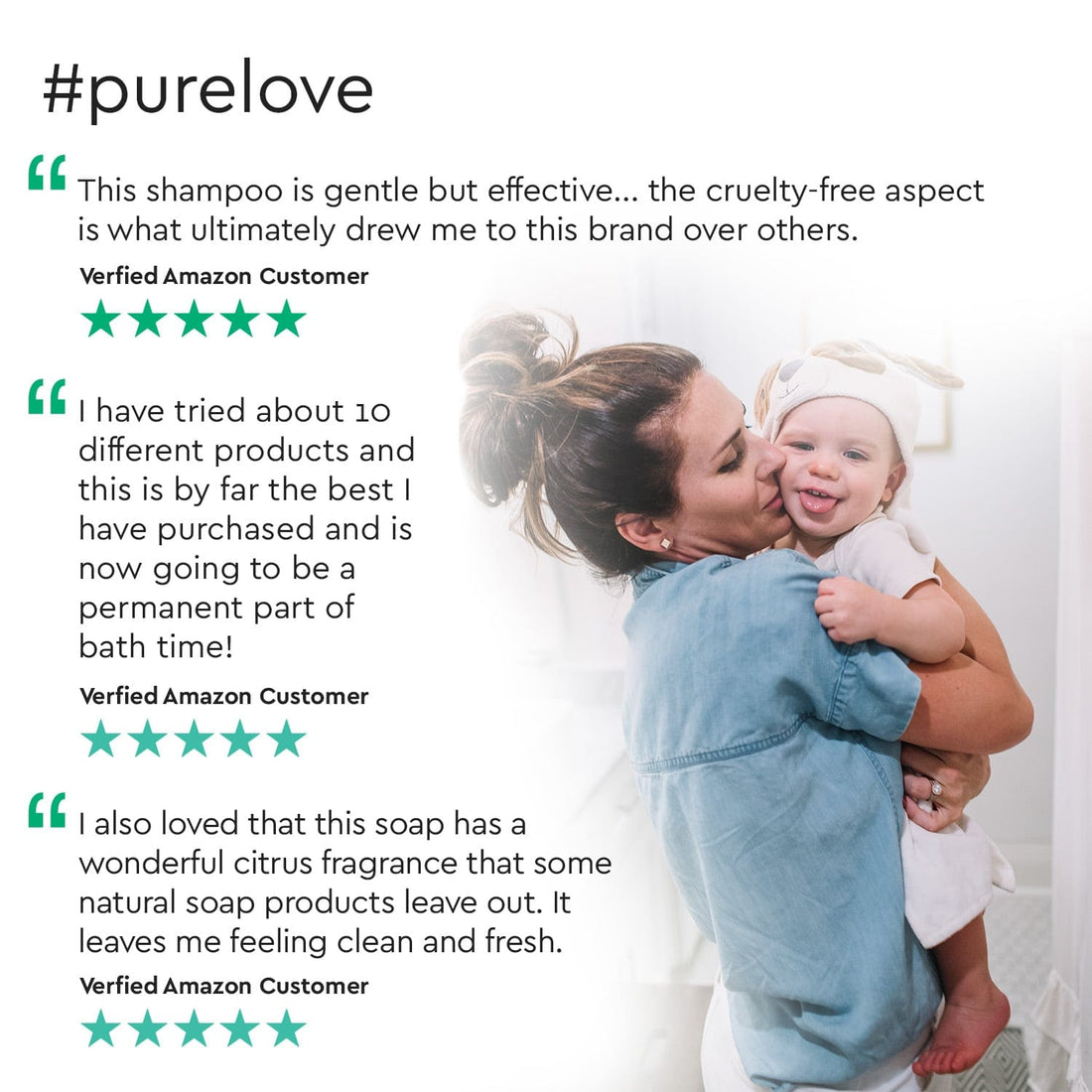 Puracy tear-free baby shampoo and body wash with gentle formula, shown in a natural setting with a smiling baby.