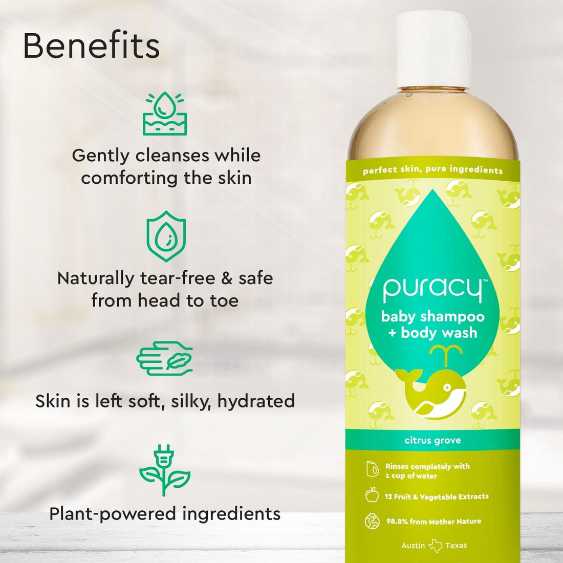Puracy baby tear-free shampoo and body wash bottle with gentle, natural formula for sensitive skin and delicate hair.