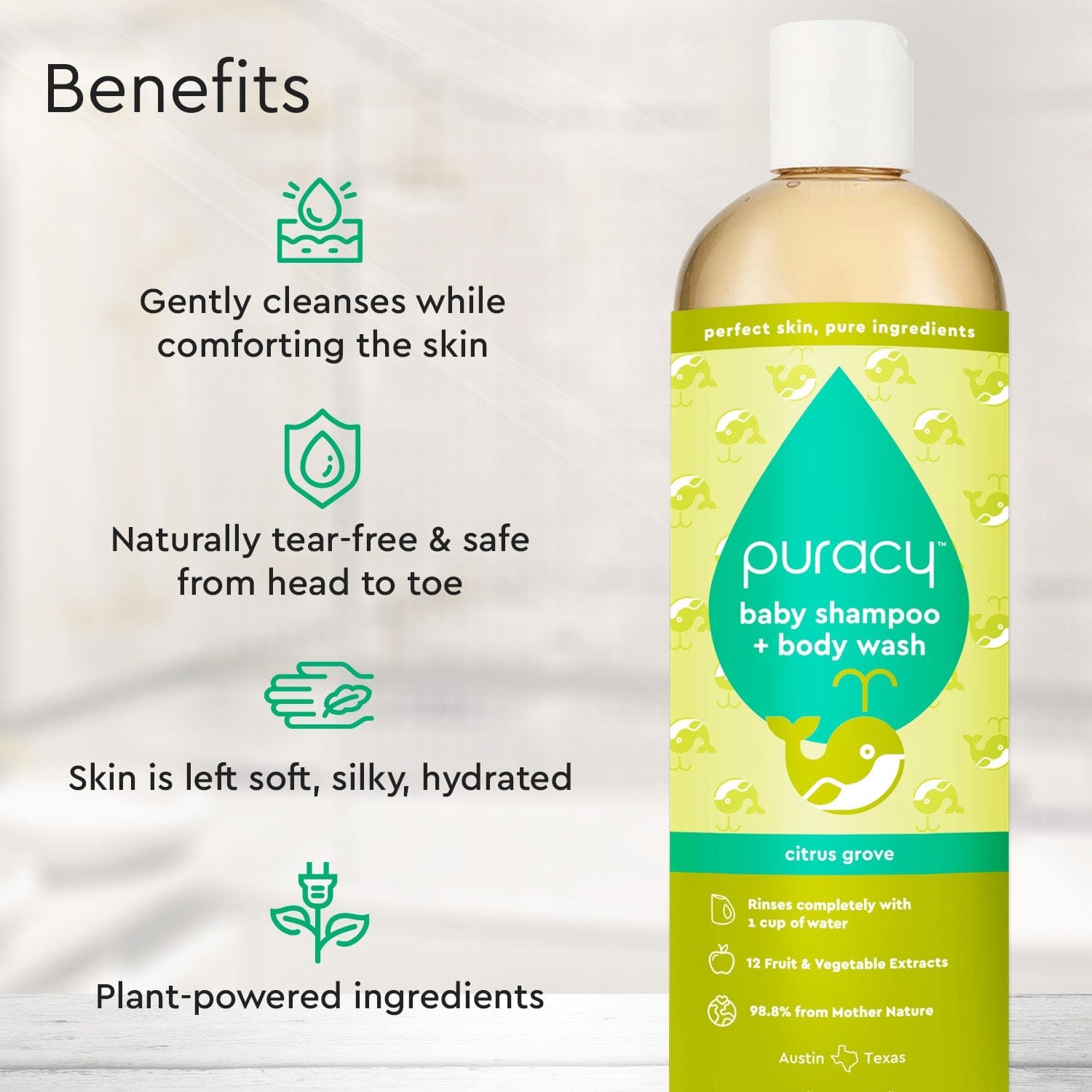 Puracy baby tear-free shampoo and body wash bottle with gentle, natural formula for sensitive skin and delicate hair.