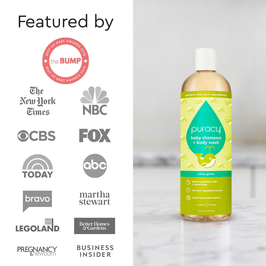 Puracy baby shampoo and body wash bottle with tear-free formula, gentle for infant skin and hair.