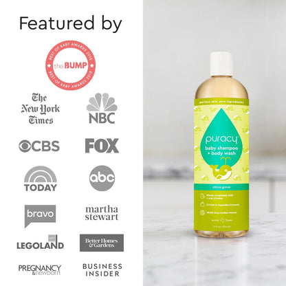 Puracy baby shampoo and body wash bottle with tear-free formula, gentle for infant skin and hair.