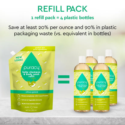 Puracy baby shampoo and body wash refill pack, tear-free formula in a large refill container for gentle cleaning.