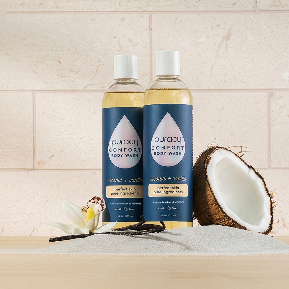 Puracy acidified, pH balanced body wash in a 12oz bottle, shown in a two-pack with a clean, soothing design.