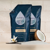 Puracy acidified, pH balanced body wash refill pack with two bottles, gentle and moisturizing for healthy skin.