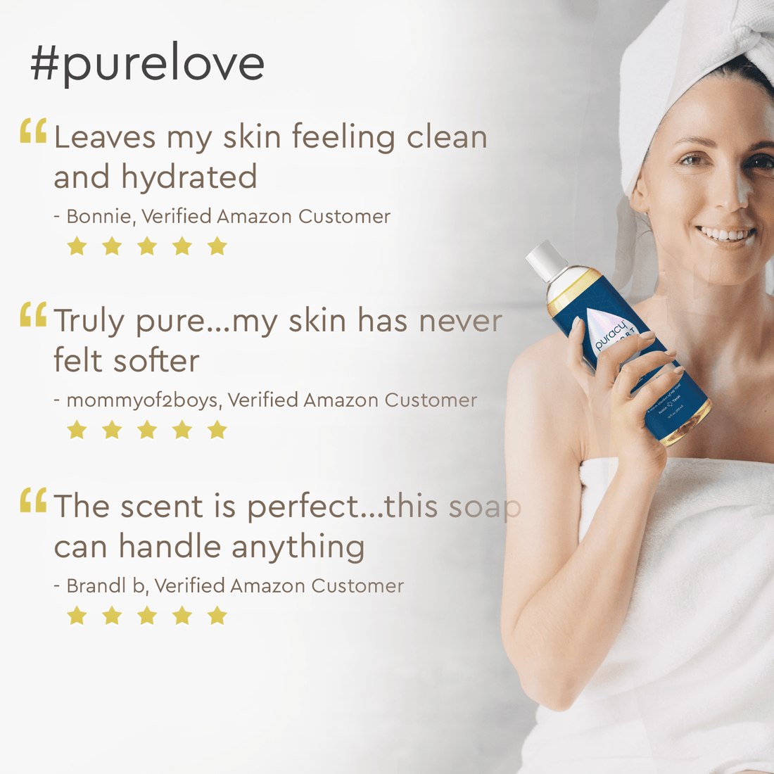 Puracy acidified, pH balanced body wash in a pump bottle, showing the product label and a clean, refreshing design.