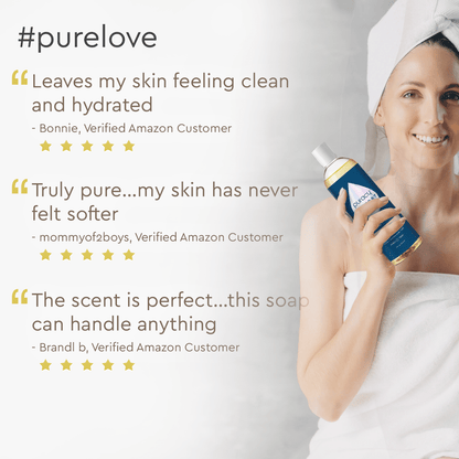Puracy acidified, pH balanced body wash in a pump bottle, showing the product label and a clean, refreshing design.