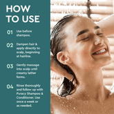 Puracy exfoliating scalp shampoo bottle with pump, showing the label and clear gel formula for deep cleansing of the scalp.