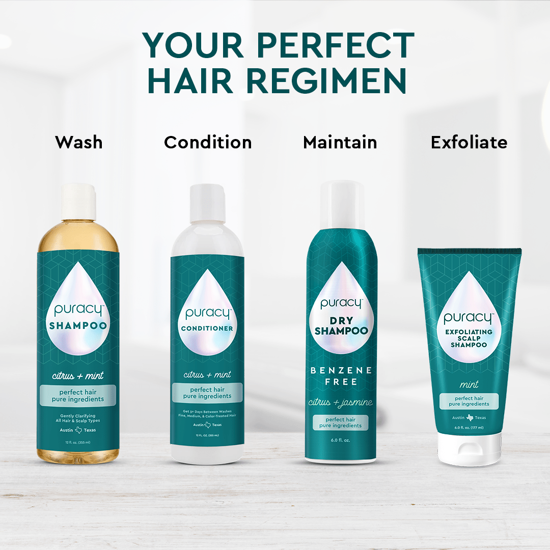Puracy Exfoliating Scalp Shampoo bottle with a pump dispenser, featuring a clear label and white packaging.