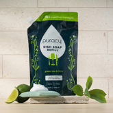 Puracy dish soap refill bottle with clear liquid soap inside, designed for cleaning dishes and kitchenware.