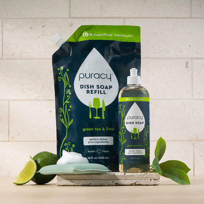Puracy dish soap refill bottle, 16oz, with clear label showing natural ingredients and eco-friendly cleaning formula.