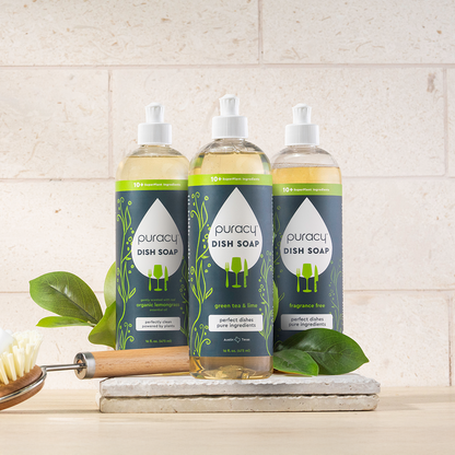 Puracy dish soap in a 16oz bottle, shown in a 3-pack, with a clear label indicating natural cleaning ingredients.