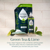 Puracy green tea and lime dish soap bottle with label, showcasing natural ingredients and fresh citrus scent.