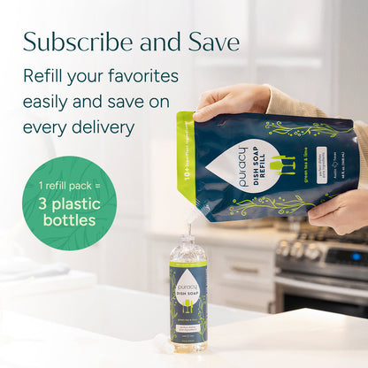 Puracy green tea lime dish soap bottle with green and white label, showing the natural, plant-based cleaning formula.