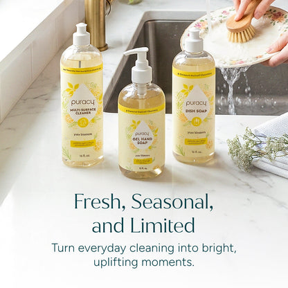 Puracy Yuzu dish soap bottle with lemon and yuzu citrus scent, showcasing the eco-friendly cleaning product on a kitchen surface.