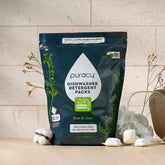Puracy dishwasher detergent pods in a 50-count unscented pack, showing the small, white, pod-shaped cleaning tablets for dishwashers.